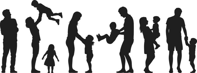 Adult and child silhouette vector set, family bonding clipart, caregiving interaction illustration, black parent child figures, nurturing relationship design