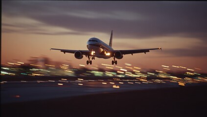 Naklejka premium A large jet aircraft descends toward the runway at twilight, lights blurring in motion across the tarmac.