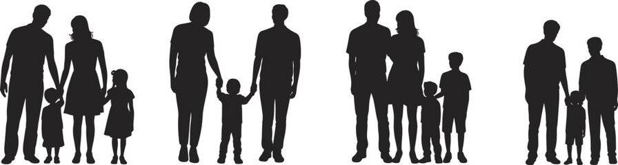 Family group silhouette vector set, adult and child figures clipart, black illustration of parents and children, bonding and relationship icons