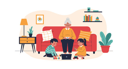 A loving grandmother sits on a couch with her grandchildren playing on the floor.