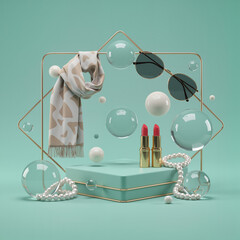 Fashion installation with transparent spheres containing accessories on mint background  