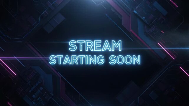 Stream starting soon template with neon glow and futuristic backdrop for gaming channels. Stream starting soon text, displayed with glowing effect, attracts viewers to streaming platform.
