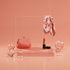 Fashion accessories displayed on elegant podium with transparent spheres  