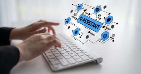 A close-up view of hands typing on a keyboard with an AI assistant graphic illustrating concepts of...