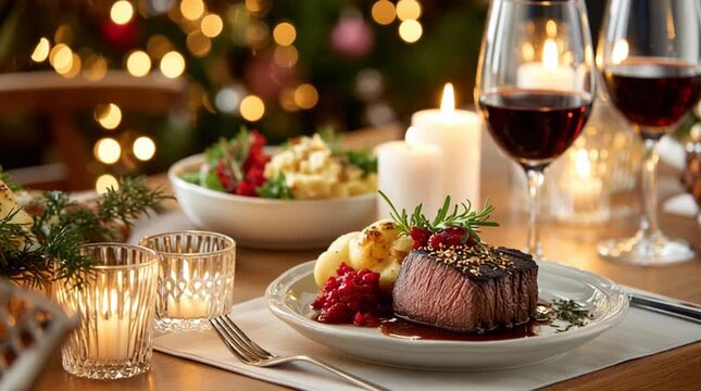 Festive dinner table with grilled steak and wine in cozy holiday ambiance