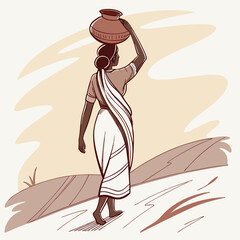 Striking artistic rendering of a woman carrying a pot on her head, walking with grace, a timeless scene of daily life and resilience, originally a vector graphic