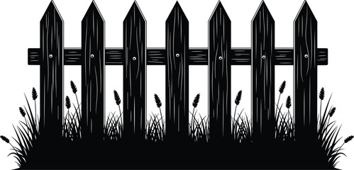 Picket fence silhouette vector illustration, black garden scene with cattails and grass, decorative outdoor clipart, nature and structure design
