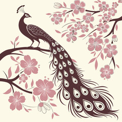 Elegant peacock perched among delicate cherry blossoms, an Asian-inspired design symbolizing beauty, grace, and springtime renewal, perfect for branding