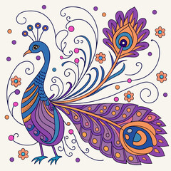 Obraz premium Elegant peacock illustration with vibrant colors and decorative floral elements, perfect for sophisticated design projects and stylish creative applications
