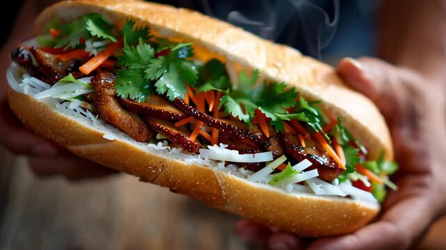 A person is holding a sandwich with meat and vegetables. The sandwich is wrapped in a bun and has a lot of carrots in it