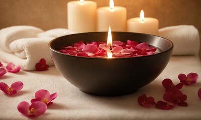 Indulge in serene spa vibes with a candlelit bowl of rose petals and soft towels, perfect for wellness promotions and creating a relaxing atmosphere
