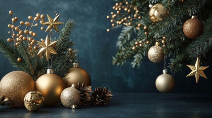 Elegant Christmas Decoration with Gold Baubles Stars and Snowflakes on Dark Blue Background for Happy New Year Greeting Card