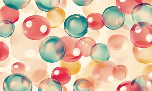 Retro-style pattern of colorful soap bubbles on dusty rose and beige background, 70s inspired palette, soft vintage grain, playful and trendy feel