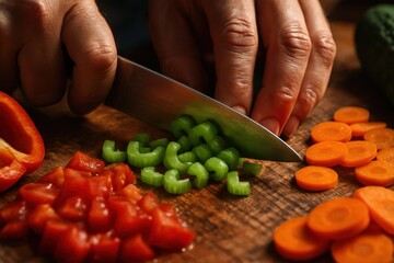 Hands chopping celery and vegetables on wooden board. Use for nutrition promotion, recipe articles, food photography, and wellness marketing.
