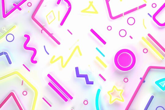 Geometric abstract art shapes pink yellow cyan neon pattern design on transparent background