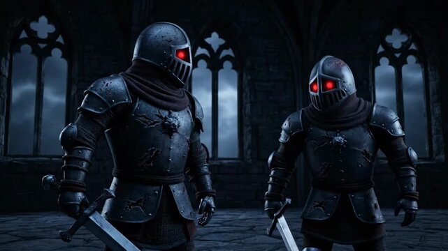 Armored Knights with Glowing Eyes - This video shows two medieval knights clad in dark, battle-worn armor with eerie red glowing eyes. They stand guard inside a stone castle with large Gothic windows.