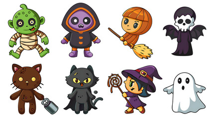 Obraz premium halloween characters cartoon illustrations set isolated on white background, png, ai generated