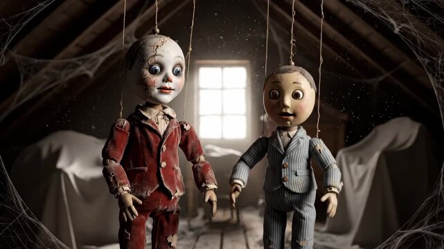 Creepy Puppets in Dusty Attic - This video features two creepy marionette puppets hanging by strings in a dusty, cobweb-filled attic.
