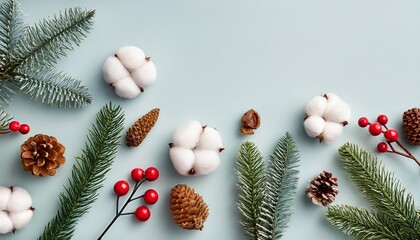 Holiday Flat Lay With Small Tree Berries Cotton And Pine Cones Styled On Pastel Background For Christmas Mood Board