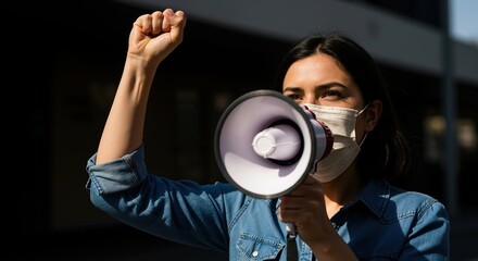 Female activist with a megaphone and raised fist at a protest. Young woman wearing a face mask at a social justice demonstration. Empowerment and freedom of speech concept