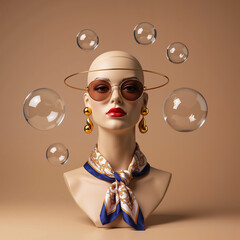 Fashion mannequin wearing sunglasses and scarf with bubbles in background  