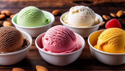 Ice Cream Assortment Various Colors Ice Creams Scoops Or Gelato With Nuts On Brown Wooden Table Frozen Yogurt In Small White Paper Cups Healthy Summer Dessert Horizontal Background