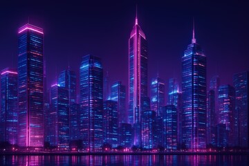 Obraz premium Vibrant futuristic skyline glowing in neon lights. Use for technology marketing, cyberpunk concepts, nightlife promotion, and modern architecture design. 