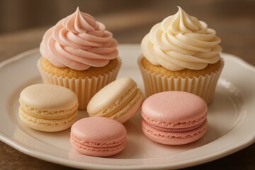 Fototapeta premium Delicious pastel cupcakes and macarons on a plate. Use for bakery ads, dessert branding, food blogs, and celebration visuals. 