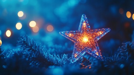 Glowing LED Christmas Star Close-Up on Blurred Bokeh Background for Magical Holiday Horizontal Banner with Text Space