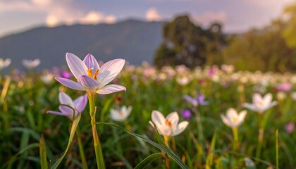 Beautiful flowers in a field at sunset