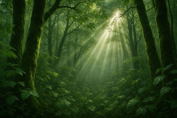 Sunbeams streaming through lush green forest. Perfect for eco travel marketing, nature conservation, wellness retreats, and inspirational art.
