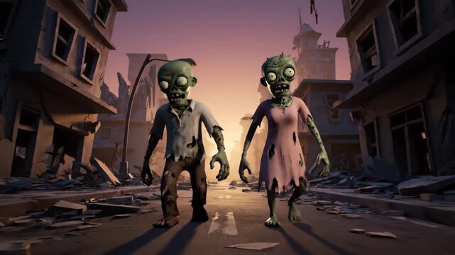 Cartoon Zombies Walking in a Destroyed City - This video shows two cartoon zombies, a male and a female, walking down a street in a ruined city.