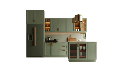 set kitchen decorated with dark green cabinets isolated on white background, png, ai generated