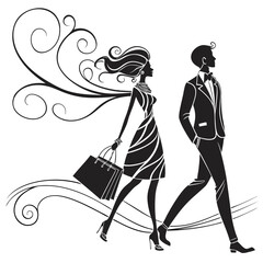 Elegant couple strolling in style with shopping bags, refined fashion silhouette, modern romance, luxury lifestyle, chic design, stylish together