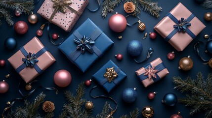 Elegant Christmas Flat Lay Composition Featuring Gift Boxes Blue Ribbons Pink Gold Ornaments Dark Blue Background