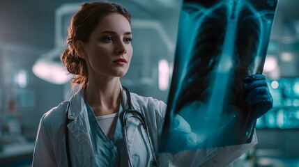 Medical professional examines X-ray in a modern healthcare facility during the day