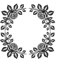 Floral frame design with black rose and leaf decoration for invitation, greeting card, and ornamental artwork