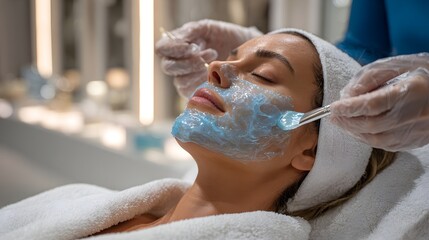 Relaxing facial treatment with a calming blue mask being applied in a spa setting