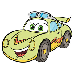 Cartoon race car vector illustration for kids coloring page and printable art with smiling face and goggles