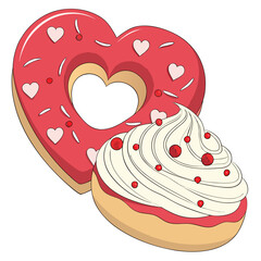 Heart shaped donut with cupcake vector illustration for valentine's day sweet dessert bakery design art