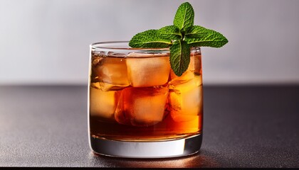 A Glass Of Iced Tea With A Sprig Of Mint On Top