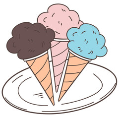Delicious ice cream cones vector illustration with chocolate strawberry and blueberry flavors on plate design