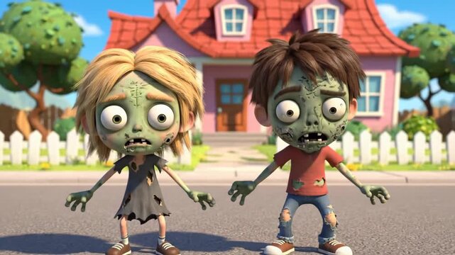 Cartoon Zombie Kids - Two cartoon zombie children, a boy and a girl, stand on a street in front of a pink house.