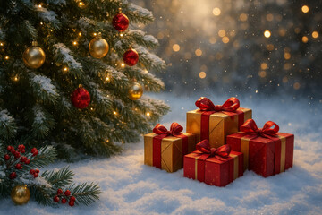 Beautiful Winter Christmas Scene with Decorated Tree and Wrapped Gifts in Snow