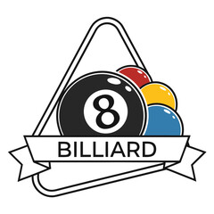 Billiard balls racked with the eight ball prominently displayed and a banner that says billiard for a classic game room design