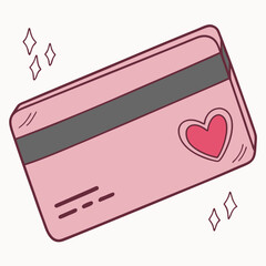 Cute pink credit card with a heart design for valentines day shopping and online purchases with sparkles around it