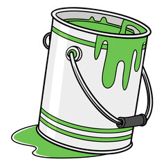 Overturned paint can with dripping green paint creating a mess on a white surface