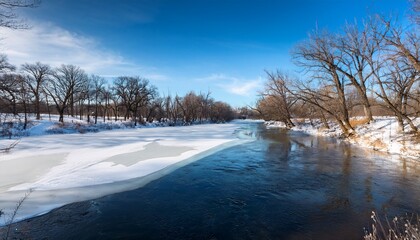 Sunny Winter Landscape Of A Partially Frozen Milwaukee River Passing Through A Forest Of Bare Trees Near Saukville Wisconsin