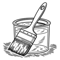 Paintbrush resting on a paint can in a black and white line art style perfect for coloring books and creative design projects