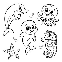 Cute sea animals coloring page for kids, dolphin, octopus, starfish, seahorse and seal outline illustration